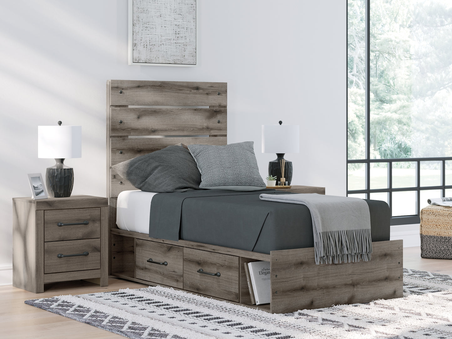 Graystorm Panel Storage Bed With Mirrored Dresser, Chest And Nightstand