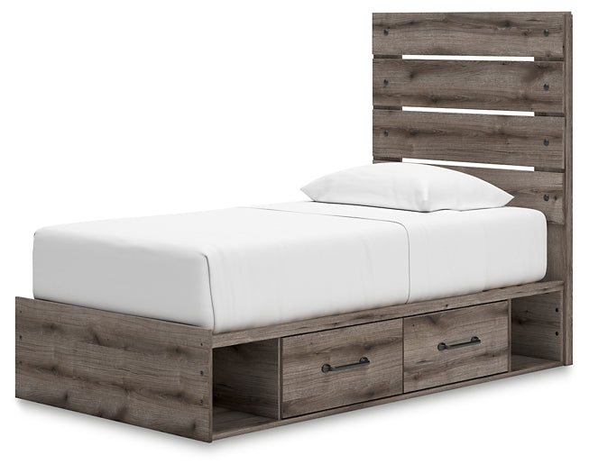 Graystorm Panel Bed With Storage With Mirrored Dresser And Chest