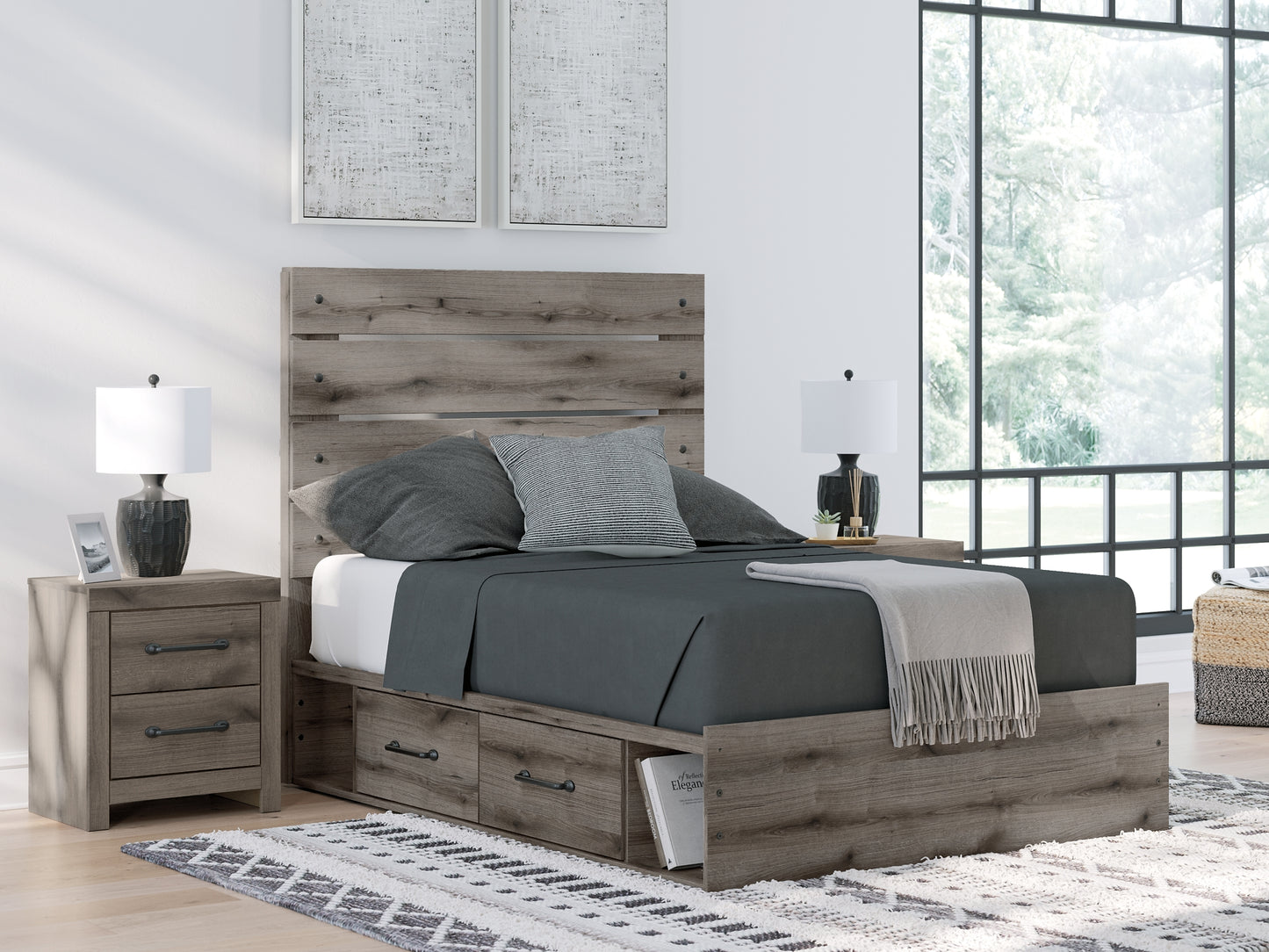 Graystorm Panel Bed With Storage With Mirrored Dresser And Nightstand