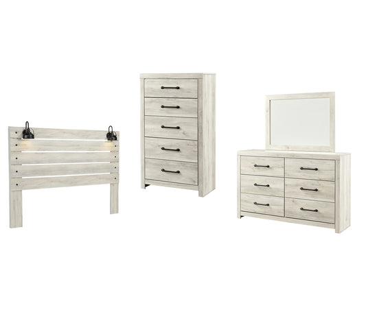 Cambeck Panel Headboard Bed With Mirrored Dresser And Chest