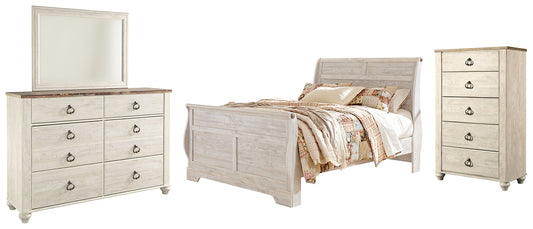 Willowton Sleigh Bed With Mirrored Dresser And Chest
