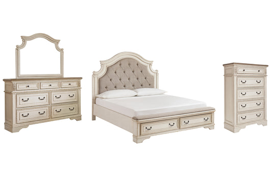 Realyn Upholstered Bed With Mirrored Dresser And Chest