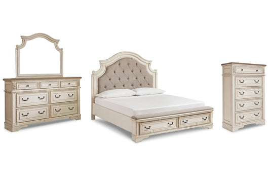 Realyn California  Upholstered Bed With Mirrored Dresser And Chest