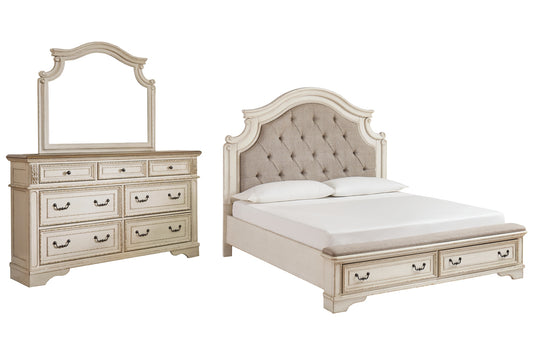 Realyn California Upholstered Bed With Mirrored Dresser