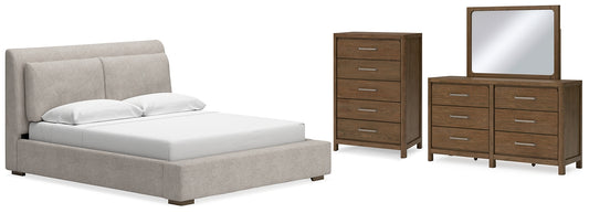 Cabalynn California Upholstered Bed With Mirrored Dresser And Chest