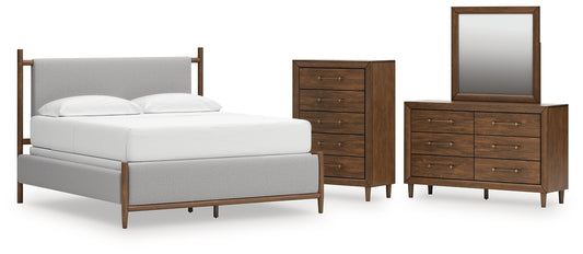 Lyncott California Upholstered Bed With Mirrored Dresser And Chest