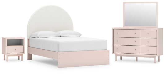 Wistenpine Upholstered Panel Bed With Mirrored Dresser And Nightstand