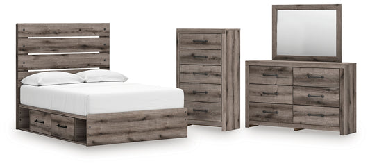 Graystorm Panel Bed With Storage With Mirrored Dresser And Chest