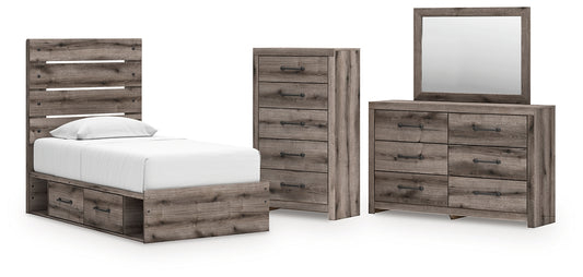 Graystorm Panel Bed With Storage With Mirrored Dresser And Chest