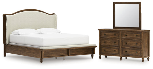Sturlayne California Upholstered Panel Bed With Mirrored Dresser