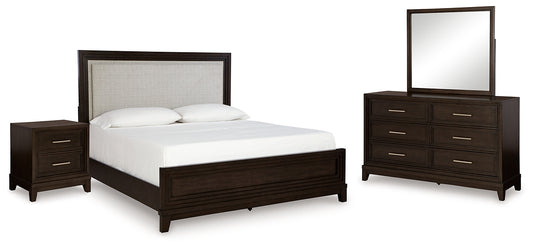 Neymorton Upholstered Panel Bed With Mirrored Dresser And Nightstand