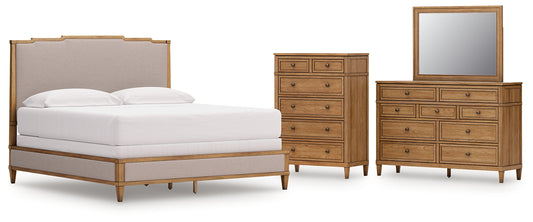 Sharlance California Upholstered Panel Bed With Mirrored Dresser And Chest