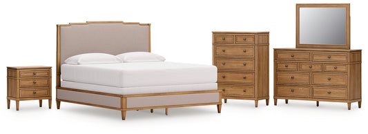 Sharlance California Upholstered Panel Bed With Mirrored Dresser, Chest And Nightstand