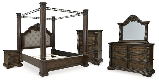 Maylee Canopy Bed With Mirrored Dresser, Chest And Nightstand