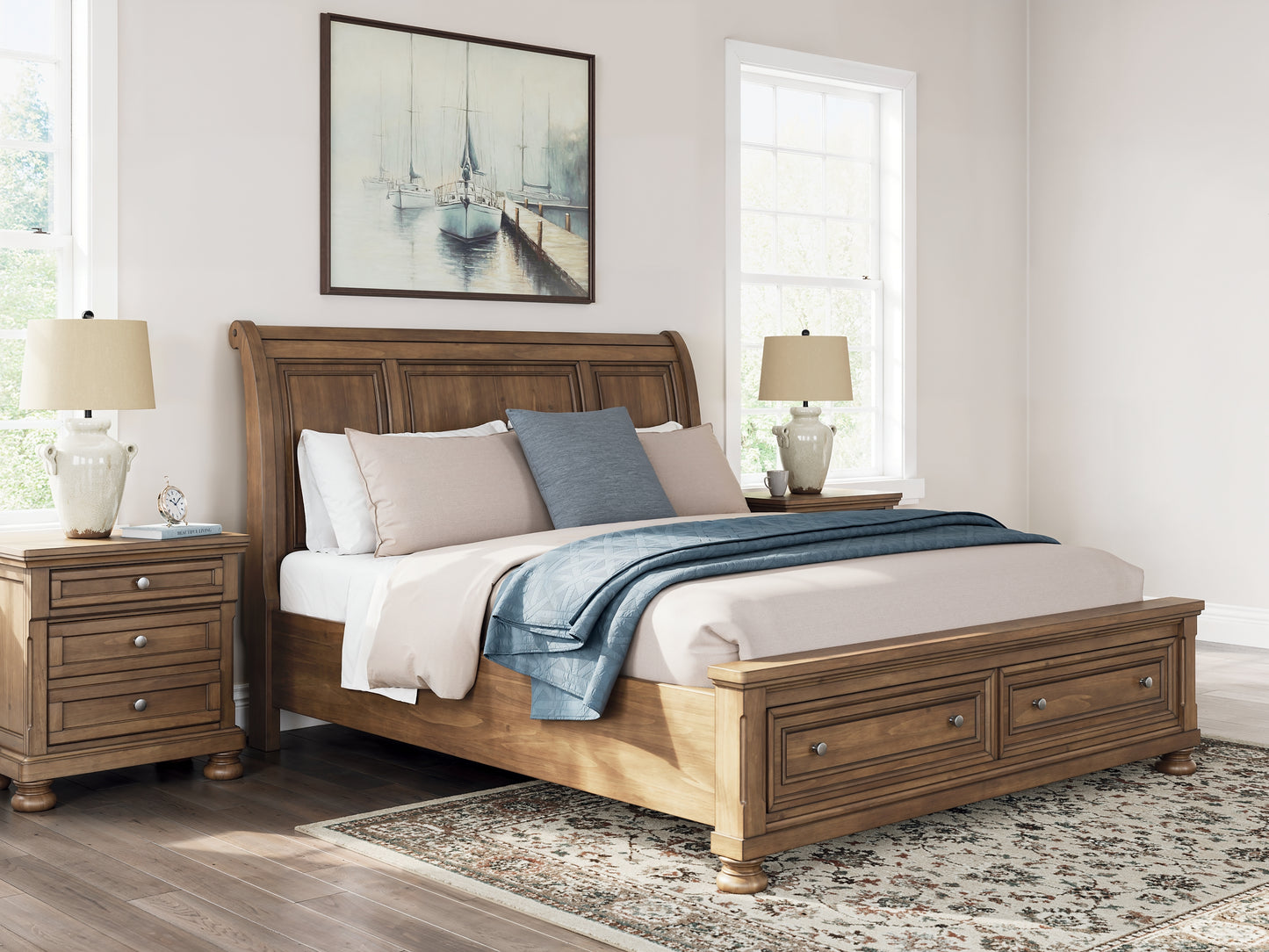 Feddinger California Storage Sleigh Bed With Mirrored Dresser And Chest