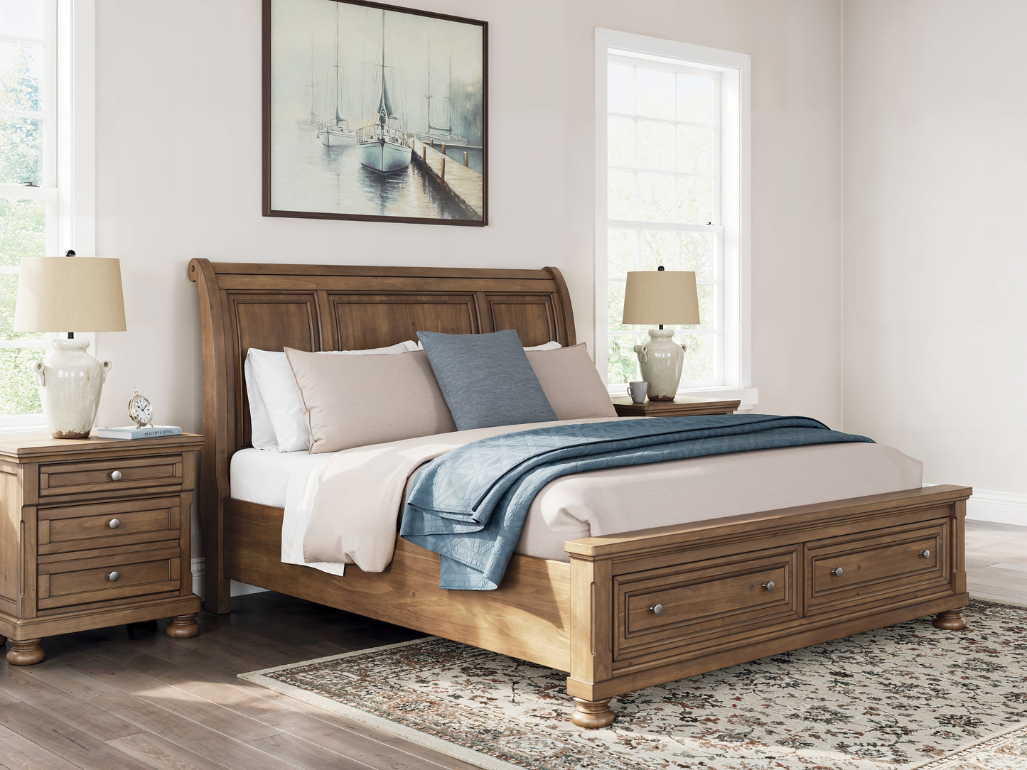 Feddinger Storage Sleigh Bed With Mirrored Dresser And Chest