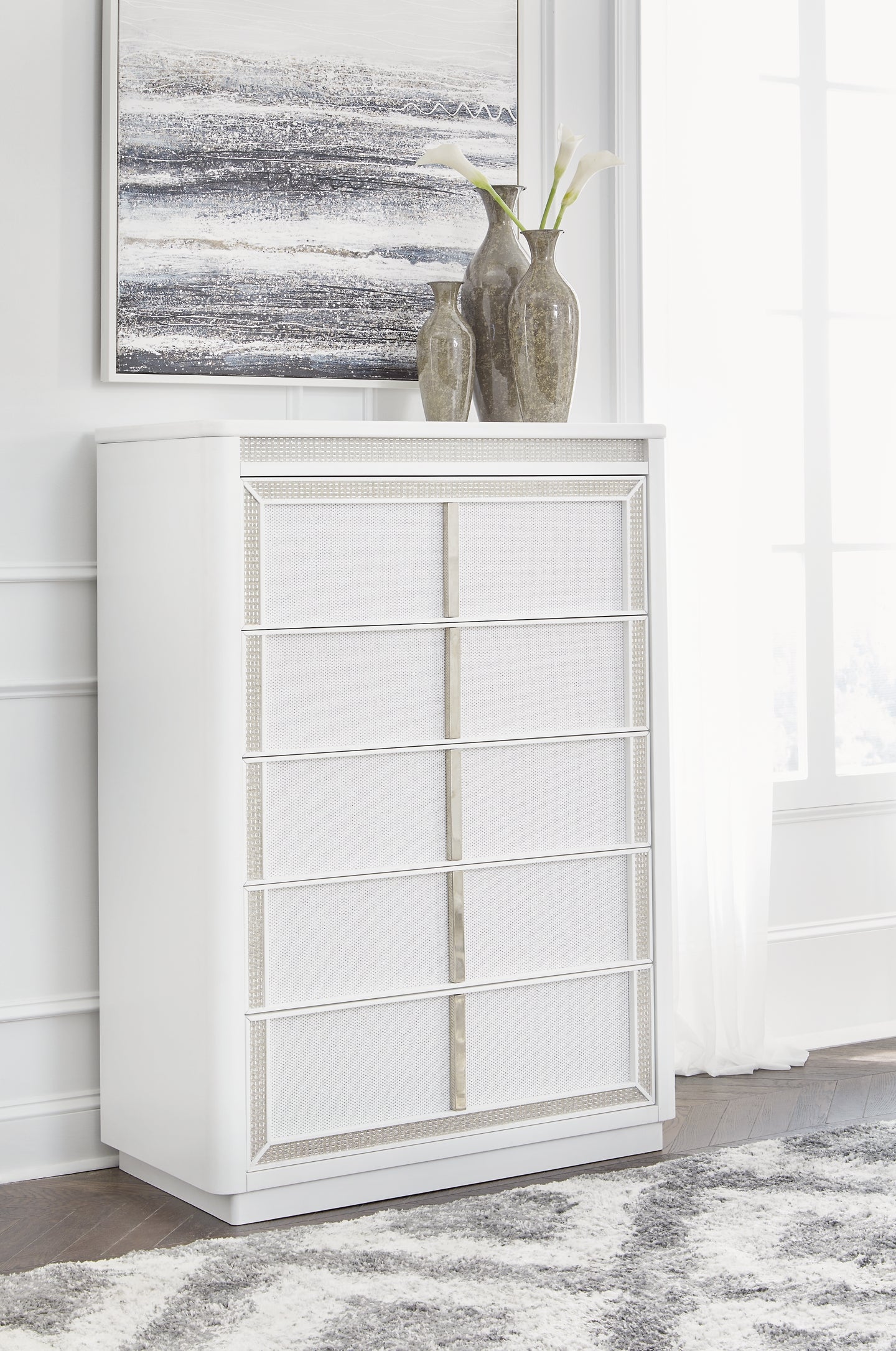 Chalanna Upholstered Storage Bed With Mirrored Dresser, Chest And Nightstand
