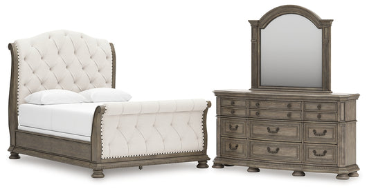 Ardenfield Upholstered Sleigh Bed With Mirrored Dresser