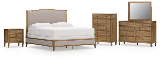 Sharlance Upholstered Panel Bed With Mirrored Dresser, Chest And Nightstand