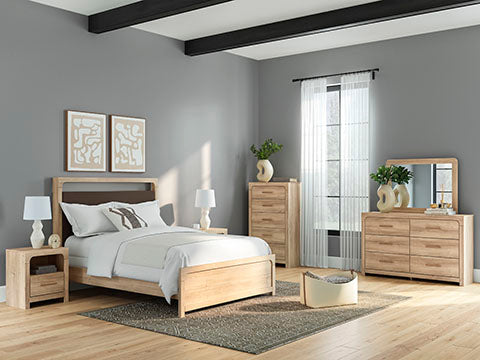 Hollymount Upholstered Panel Bed, Dresser And Mirror