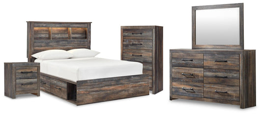 Drystan Bookcase Bed With 2 Storage Drawers With Mirrored Dresser, Chest And Nightstand