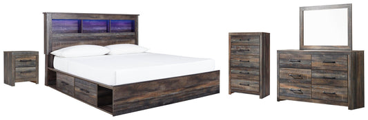 Drystan Bookcase Bed With 2 Storage Drawers With Mirrored Dresser, Chest And Nightstand
