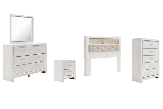 Altyra Bookcase Headboard Bed With Mirrored Dresser, Chest And Nightstand