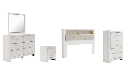 Altyra Bookcase Headboard Bed With Mirrored Dresser, Chest And Nightstand