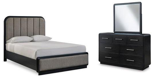 Rowanbeck Upholstered Panel Bed With Mirrored Dresser