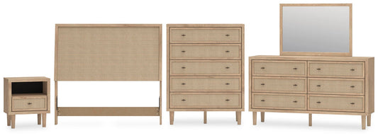 Cielden Upholstered Panel Bed With Mirrored Dresser, Chest And Nightstand