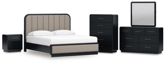 Rowanbeck California Upholstered Panel Bed, Dresser, Mirror, Chest And Nightstand