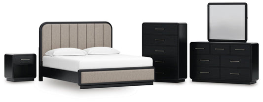 Rowanbeck Upholstered Panel Bed, Dresser, Mirror, Chest And Nightstand