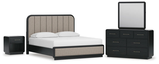 Rowanbeck Upholstered Panel Bed, Dresser, Mirror And Nightstand