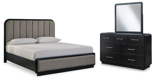 Rowanbeck Upholstered Panel Bed With Mirrored Dresser