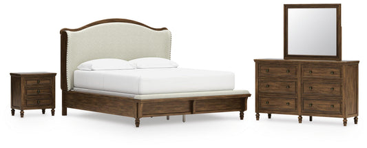 Sturlayne California Upholstered Panel Bed, Dresser, Mirror And Nightstand