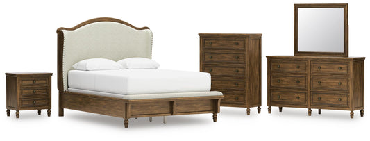 Sturlayne Upholstered Panel Bed, Dresser, Mirror, Chest And Nightstand