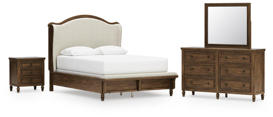 Sturlayne Upholstered Panel Bed, Dresser, Mirror And Nightstand