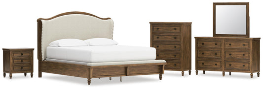 Sturlayne California Upholstered Panel Bed, Dresser, Mirror, Chest And Nightstand