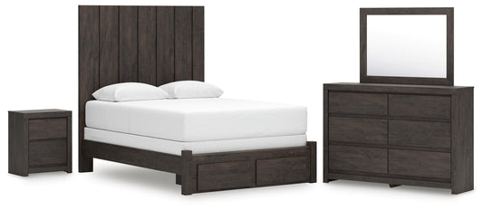 Parlayon Panel Storage Bed, Dresser, Mirror And Nightstand