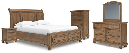 Vandenmore California Storage Sleigh Bed With Mirrored Dresser, Chest And Nightstand