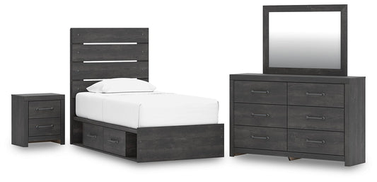 Delmorta Panel Storage Bed, Dresser, Mirror And Nightstand