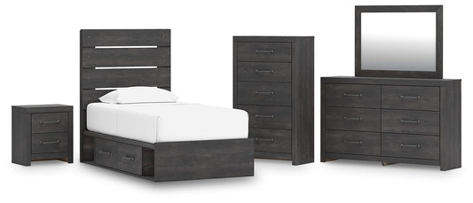 Delmorta Panel Bed With Storage, Dresser, Mirror, Chest And Nightstand