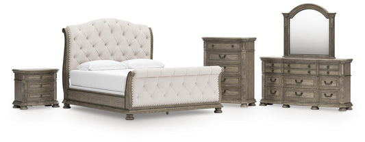 Ardenfield California Upholstered Sleigh Bed, Dresser, Mirror, Chest And Nightstand
