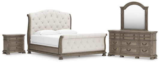 Ardenfield California Upholstered Sleigh Bed, Dresser, Mirror And Nightstand