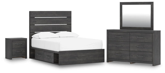 Delmorta Panel Bed With Storage, Dresser, Mirror And Nightstand