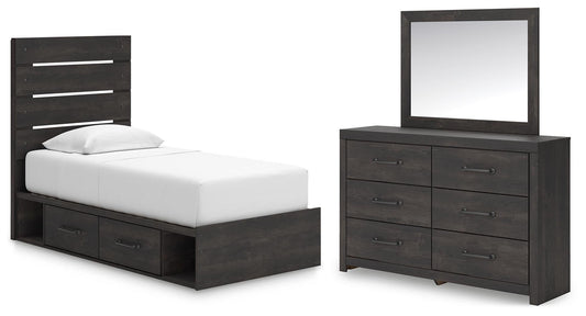 Delmorta Panel Bed With Storage, Dresser And Mirror