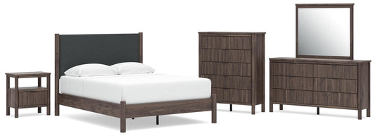 Cadmori Upholstered Panel Platform Bed, Dresser, Mirror, Chest And Nightstand