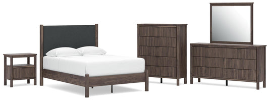 Cadmori Upholstered Panel Platform Bed, Dresser, Mirror, Chest And Nightstand