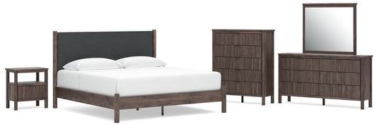 Cadmori Upholstered Panel Platform Bed, Dresser, Mirror, Chest And Nightstand