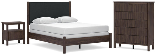 Cadmori Upholstered Panel Bed, Dresser, Mirror And Nightstand